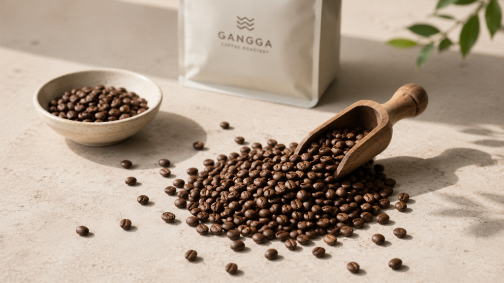 Roasted coffee beans with wooden scoop and Gangga Coffee Roastery bag on light stone table with natural sunlight