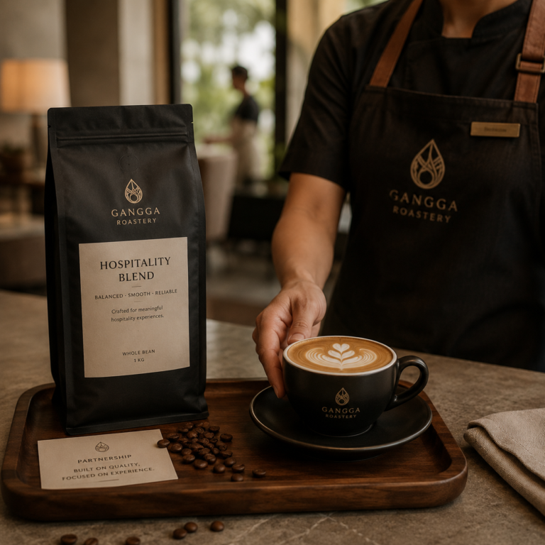 Hospitality coffee partnership presentation with barista serving latte art beside Gangga Roastery coffee bag in café setting