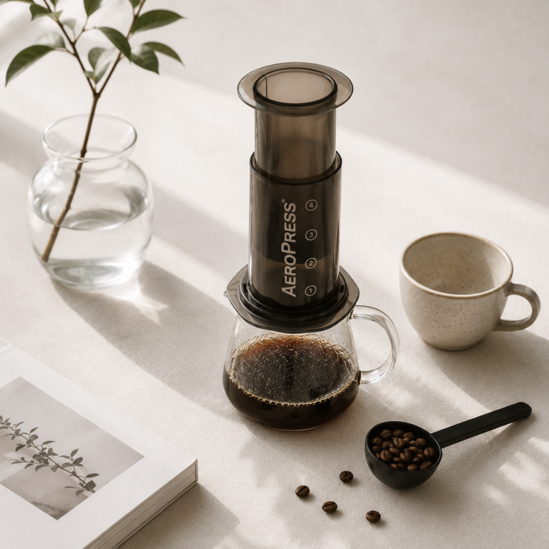 Aeropress coffee brewing setup with coffee beans and brewing tools on a clean white table