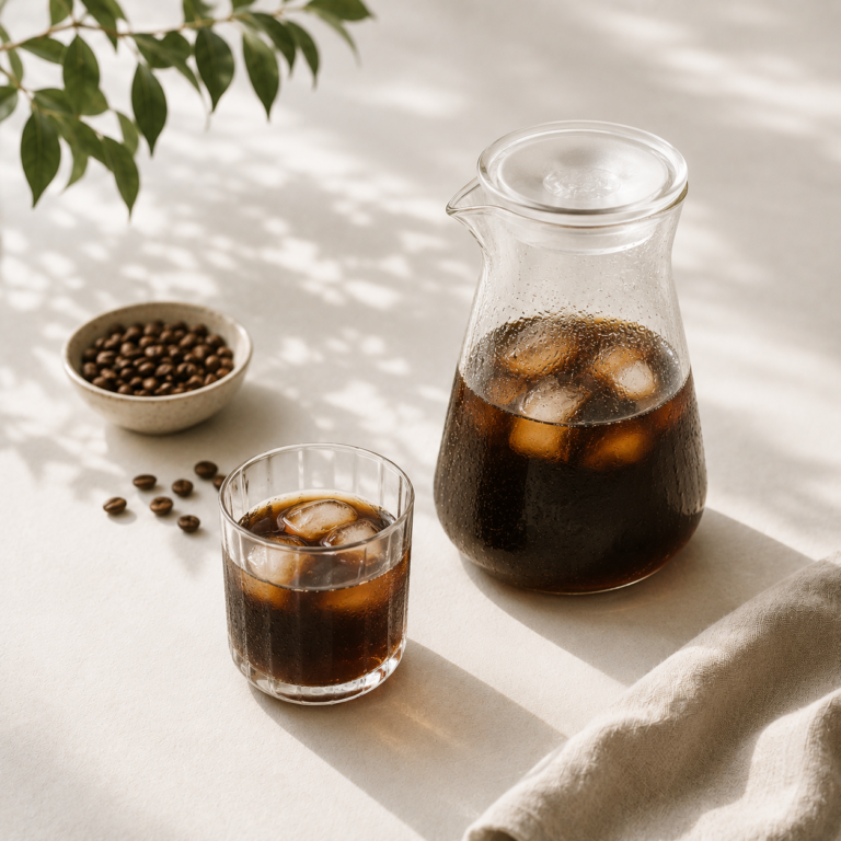 Cold brew coffee served in glass cups beside coffee beans in soft natural light