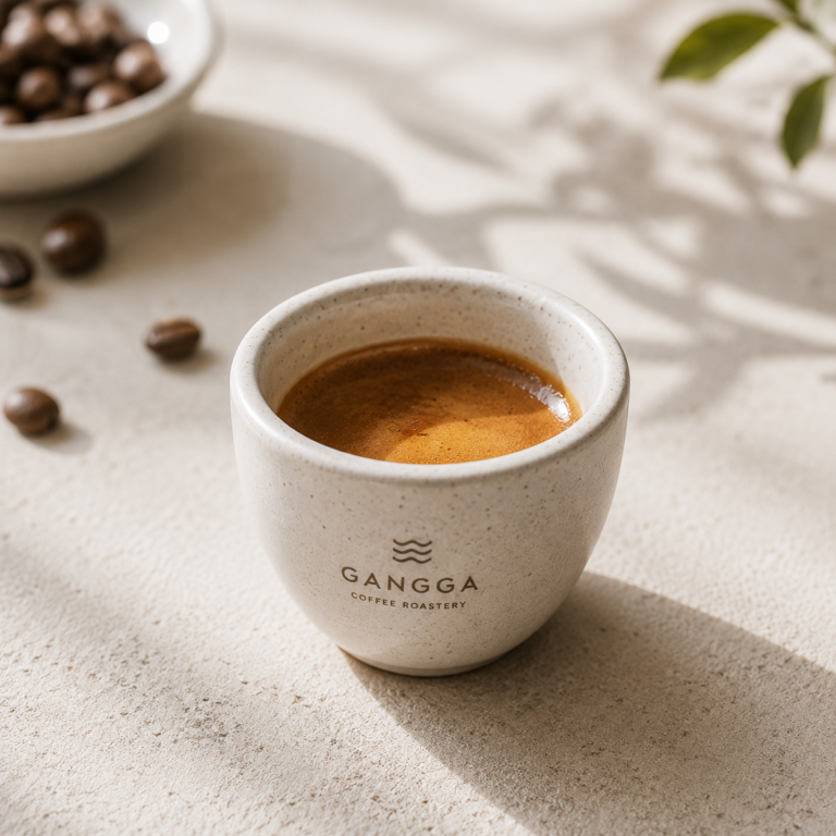 Espresso served in a small ceramic cup on a bright minimalist table with warm sunlight