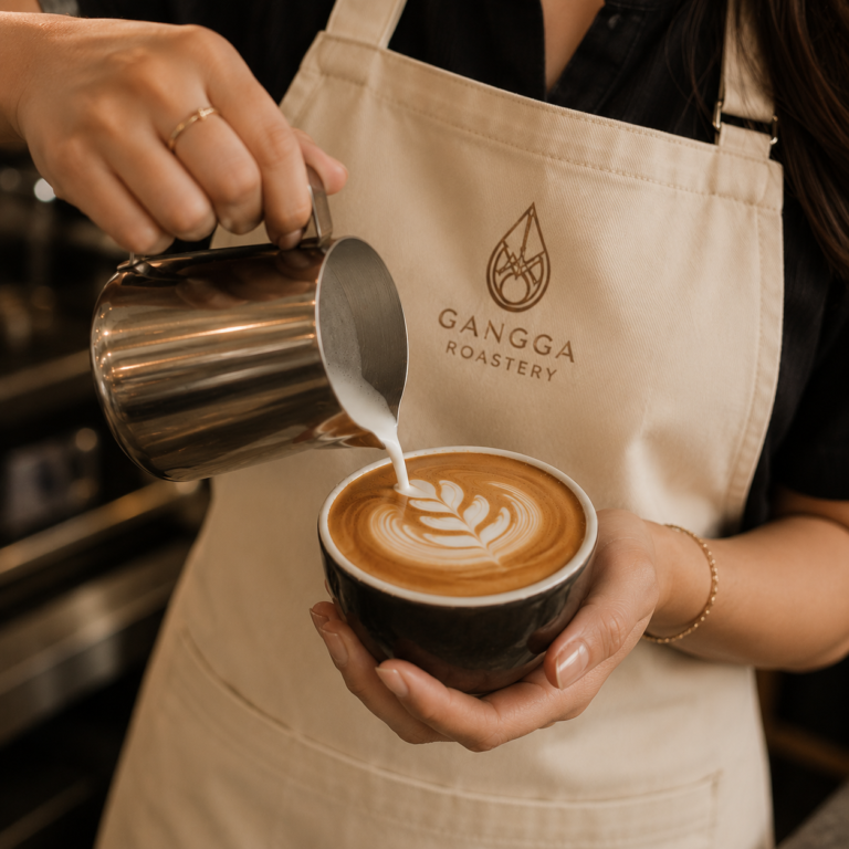 Barista pouring milk into espresso to create latte art in ceramic coffee cup close-up