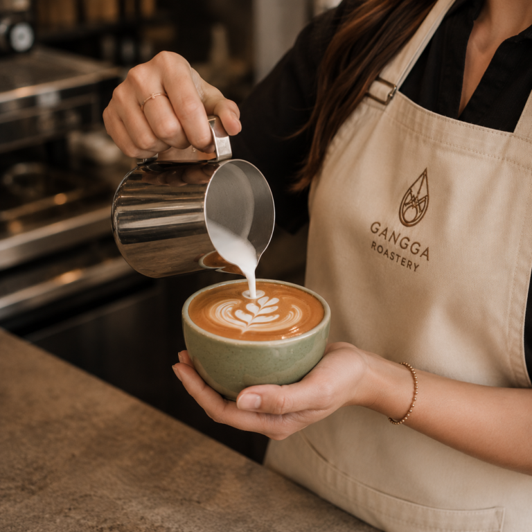 Barista pouring milk into espresso to create latte art in ceramic coffee cup close-up