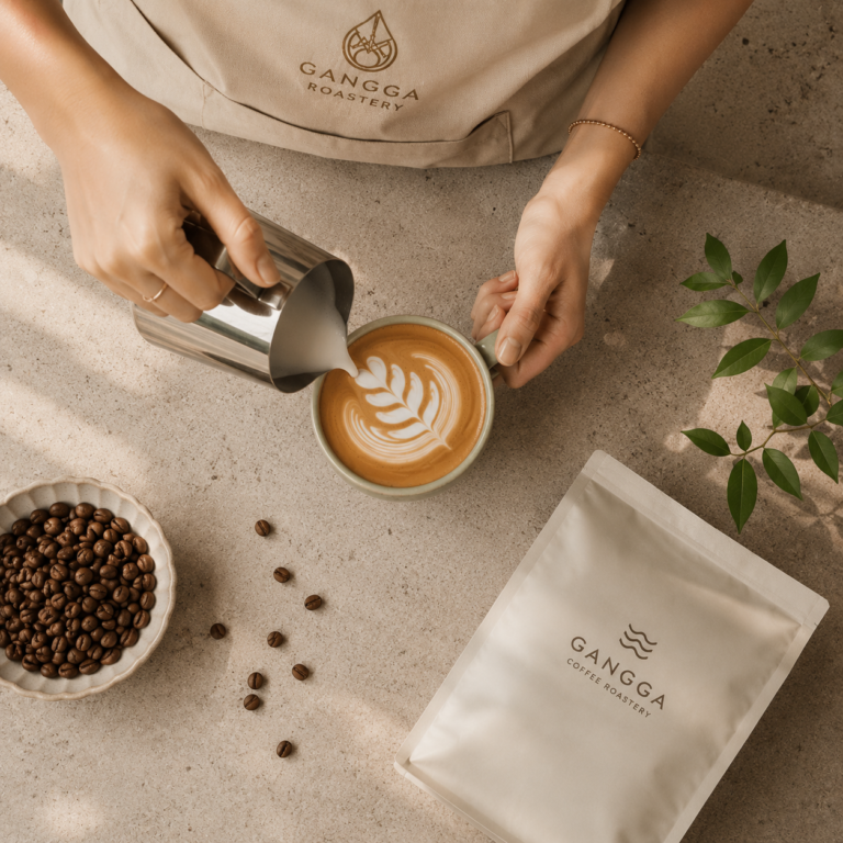 Barista pouring milk into espresso to create latte art in ceramic coffee cup close-up