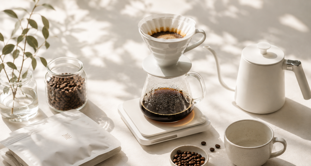 V60 pour over coffee brewing setup with glass server and ceramic cup in natural light