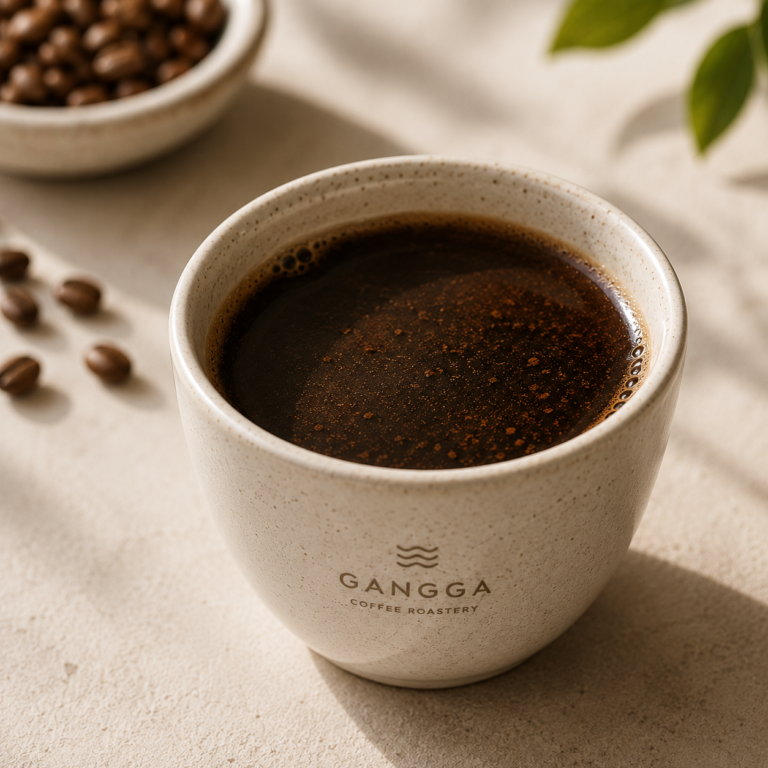 Tubruk Black coffee served in a ceramic cup on a minimalist table with coffee beans in soft natural light