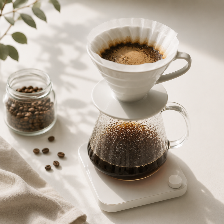 V60 pour over coffee brewing setup with ceramic dripper and glass server in soft natural light