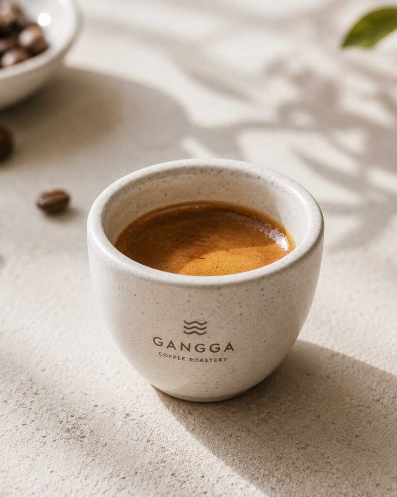Fresh espresso served in a Gangga Coffee Roastery ceramic cup, crafted from freshly roasted specialty coffee beans.