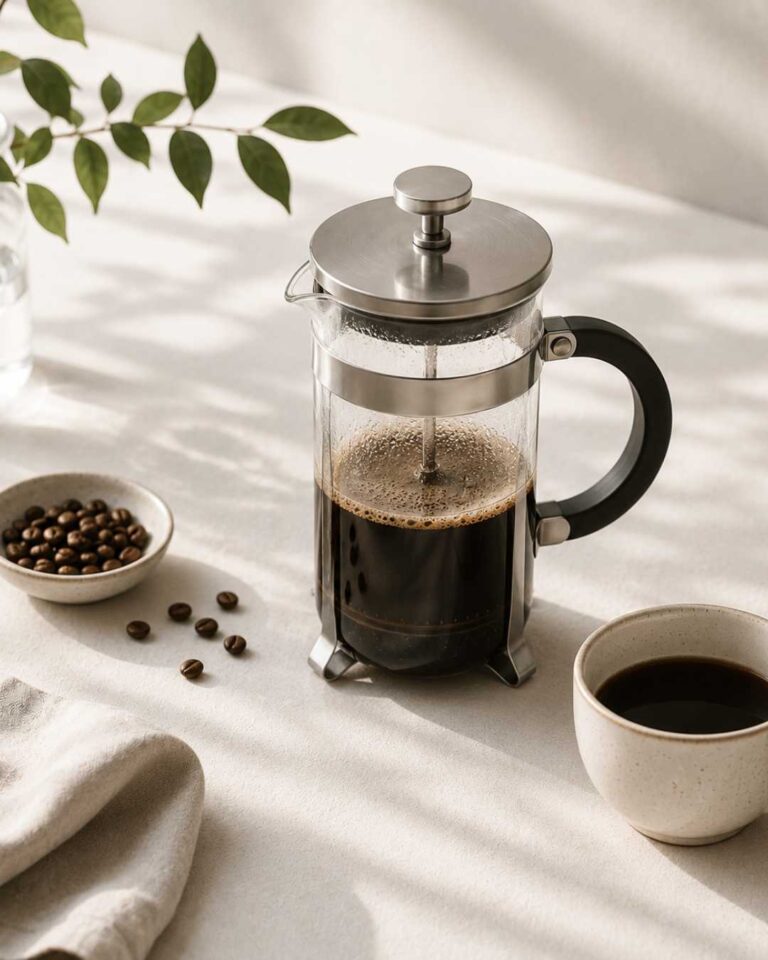 French press coffee brewing with freshly roasted specialty coffee beans at Gangga Roastery, Bali coffee roastery.