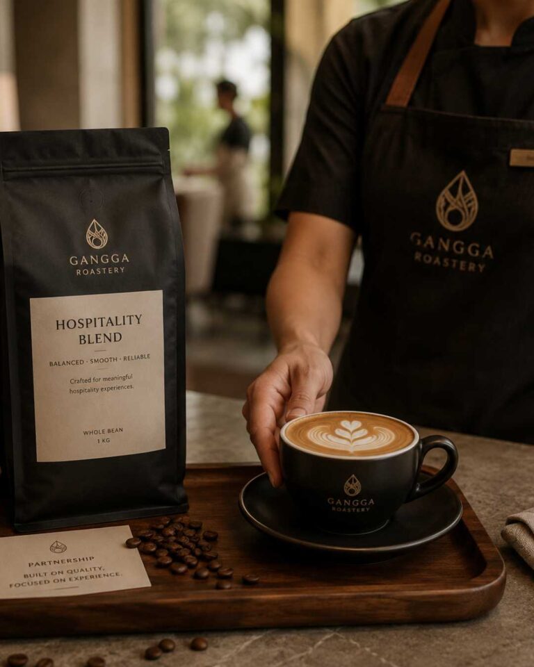 Gangga Roastery Hospitality Blend coffee beans packaged for cafés, restaurants, hotels, and hospitality businesses.