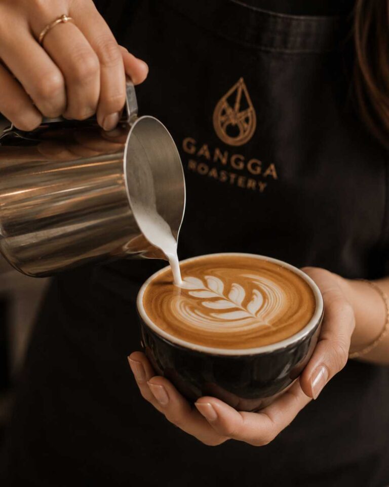 Signature latte served with Gangga Roastery Hospitality Blend coffee for cafés and hospitality partners.